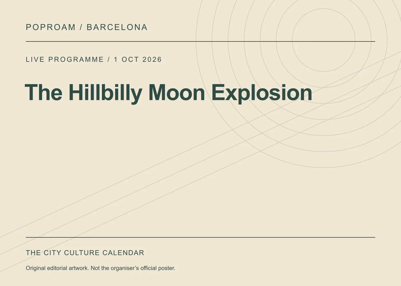 Original editorial programme artwork for The Hillbilly Moon Explosion. This is not the organiser’s official poster.