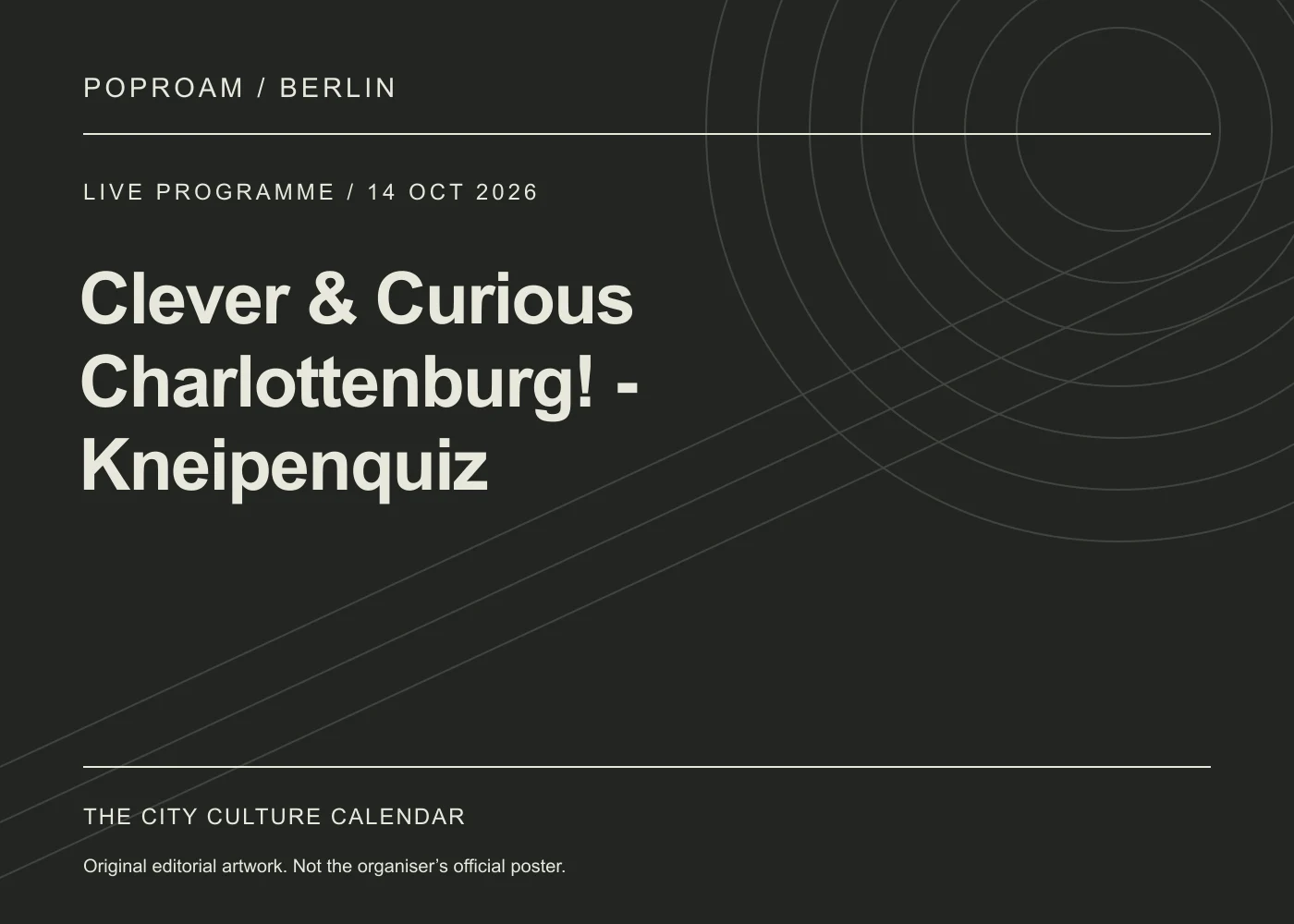 Original editorial programme artwork for Clever & Curious Charlottenburg! - Kneipenquiz. This is not the organiser’s official poster.