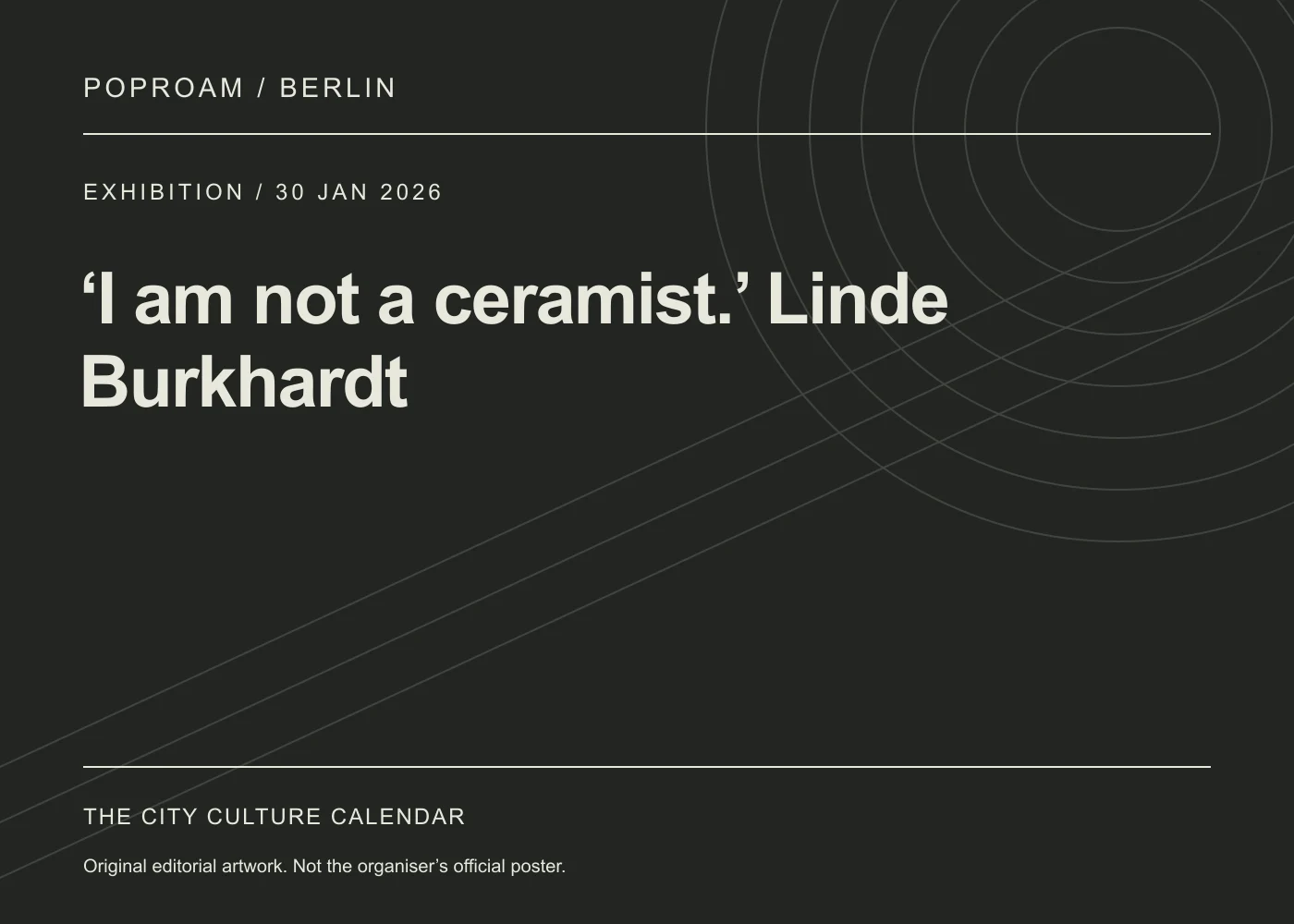 Original editorial programme artwork for ‘I am not a ceramist.’ Linde Burkhardt. This is not the organiser’s official poster.