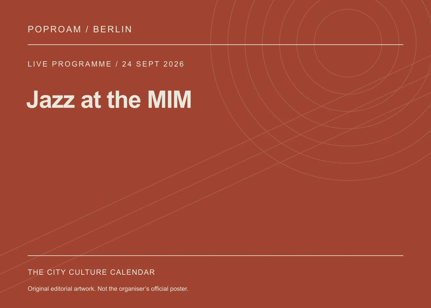 Original editorial programme artwork for Jazz at the MIM. This is not the organiser’s official poster.
