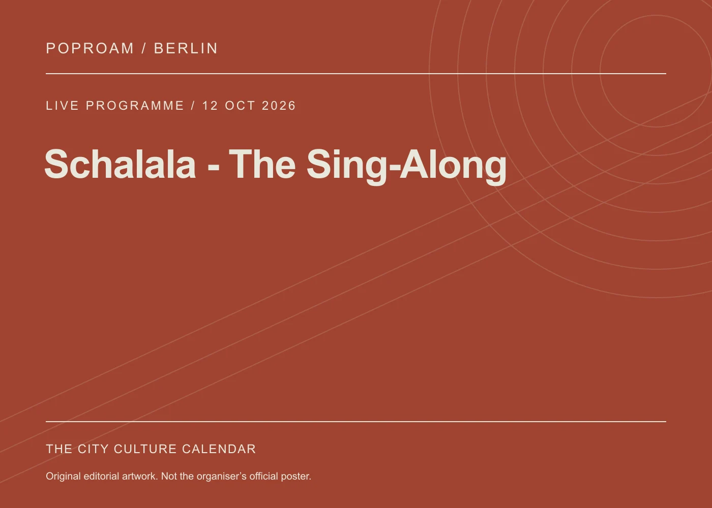 Original editorial programme artwork for Schalala - The Sing-Along. This is not the organiser’s official poster.