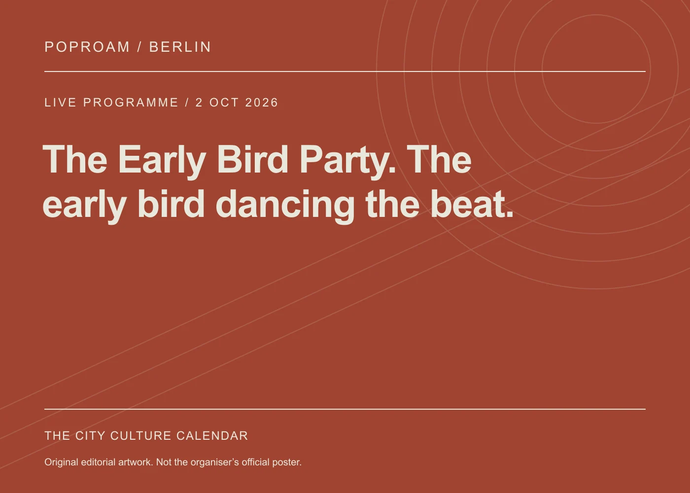 Original editorial programme artwork for The Early Bird Party. The early bird dancing the beat.. This is not the organiser’s official poster.