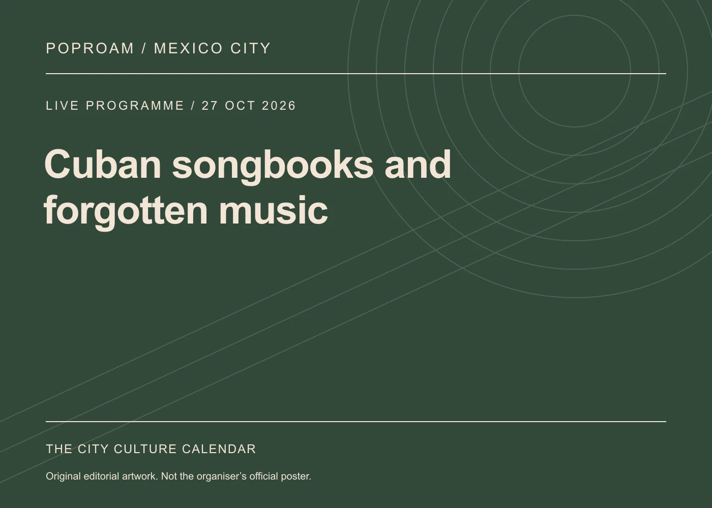 Original editorial programme artwork for Cuban songbooks and forgotten music. This is not the organiser’s official poster.