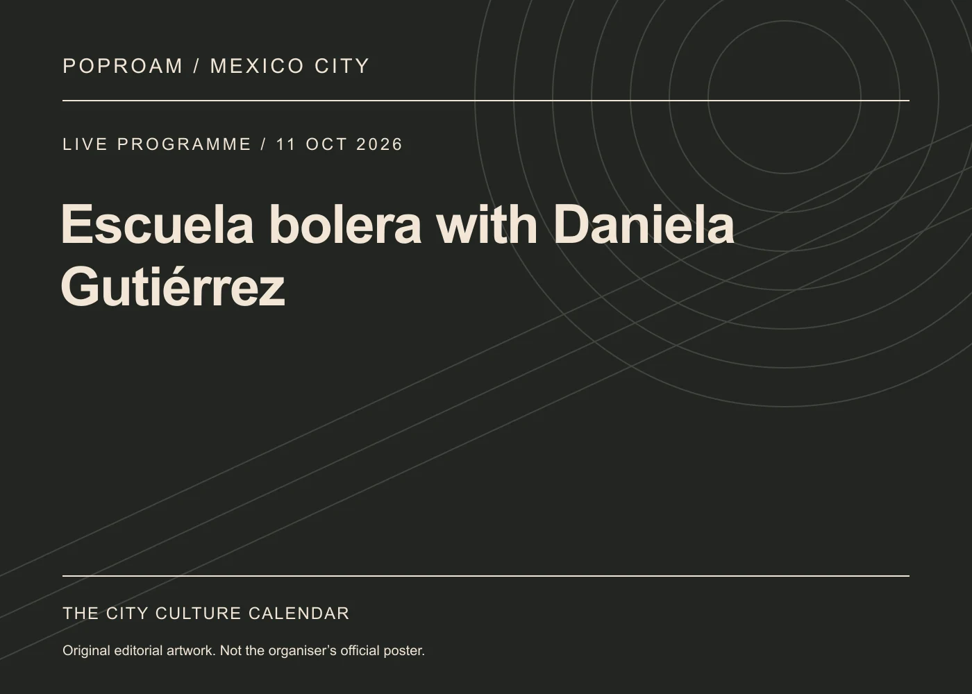 Original editorial programme artwork for Escuela bolera with Daniela Gutiérrez. This is not the organiser’s official poster.