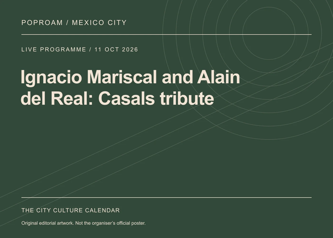 Original editorial programme artwork for Ignacio Mariscal and Alain del Real: Casals tribute. This is not the organiser’s official poster.