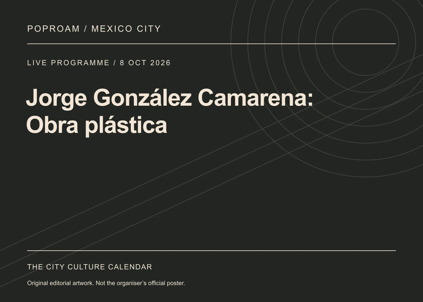 Original editorial programme artwork for Jorge González Camarena: Obra plástica. This is not the organiser’s official poster.