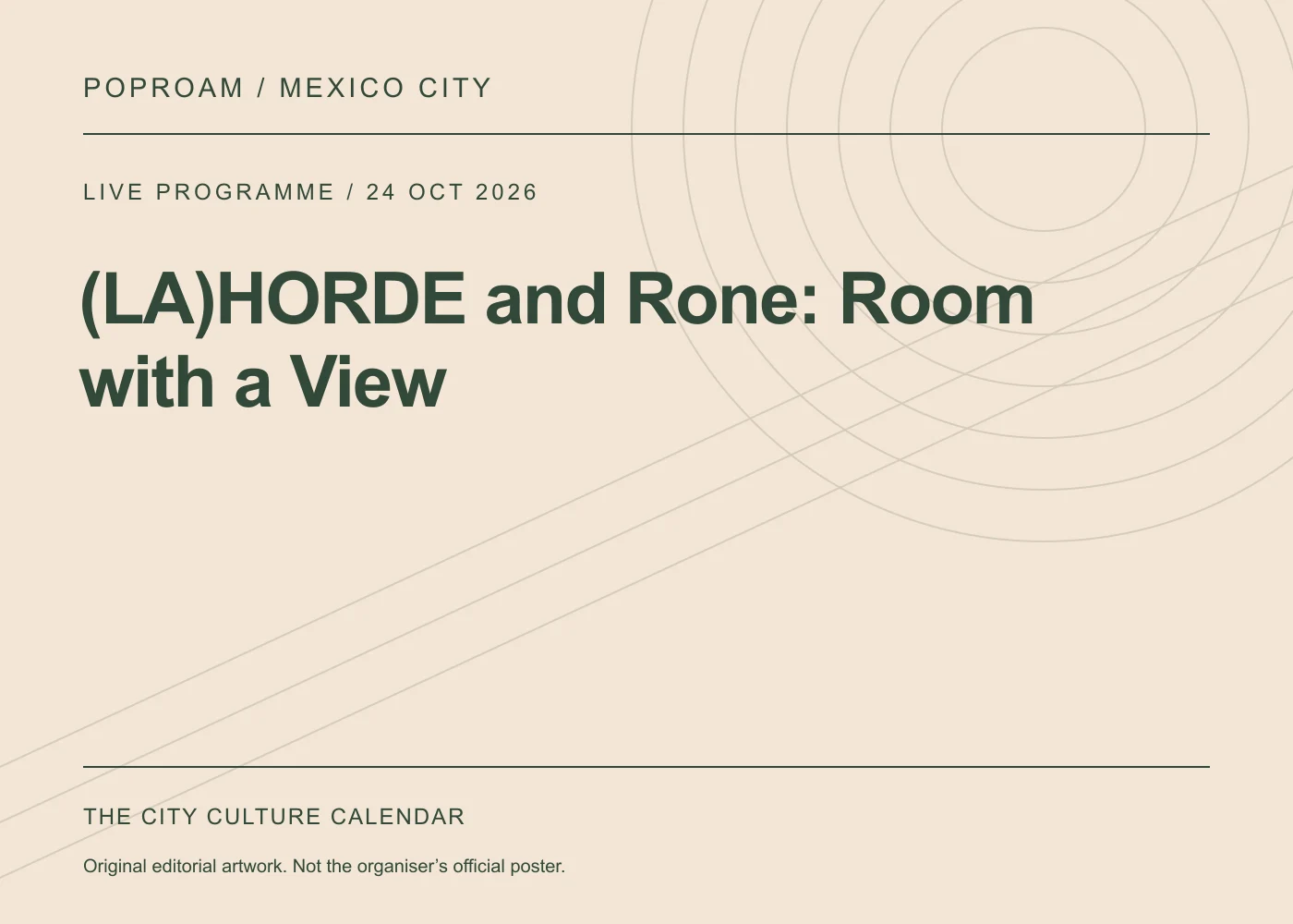 Original editorial programme artwork for (LA)HORDE and Rone: Room with a View. This is not the organiser’s official poster.