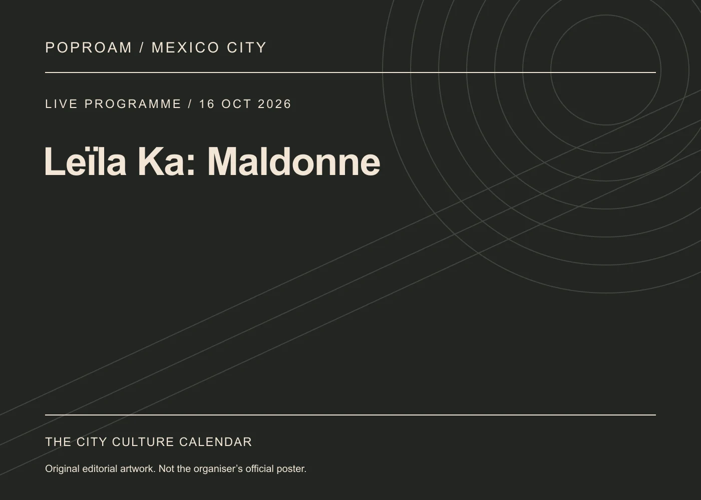 Original editorial programme artwork for Leïla Ka: Maldonne. This is not the organiser’s official poster.