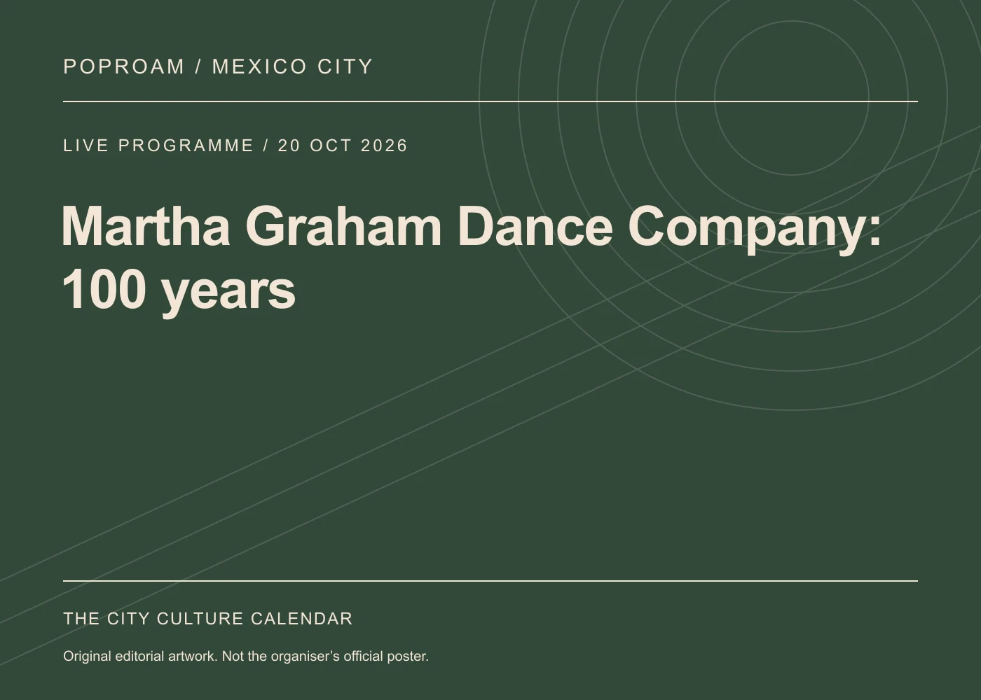 Original editorial programme artwork for Martha Graham Dance Company: 100 years. This is not the organiser’s official poster.