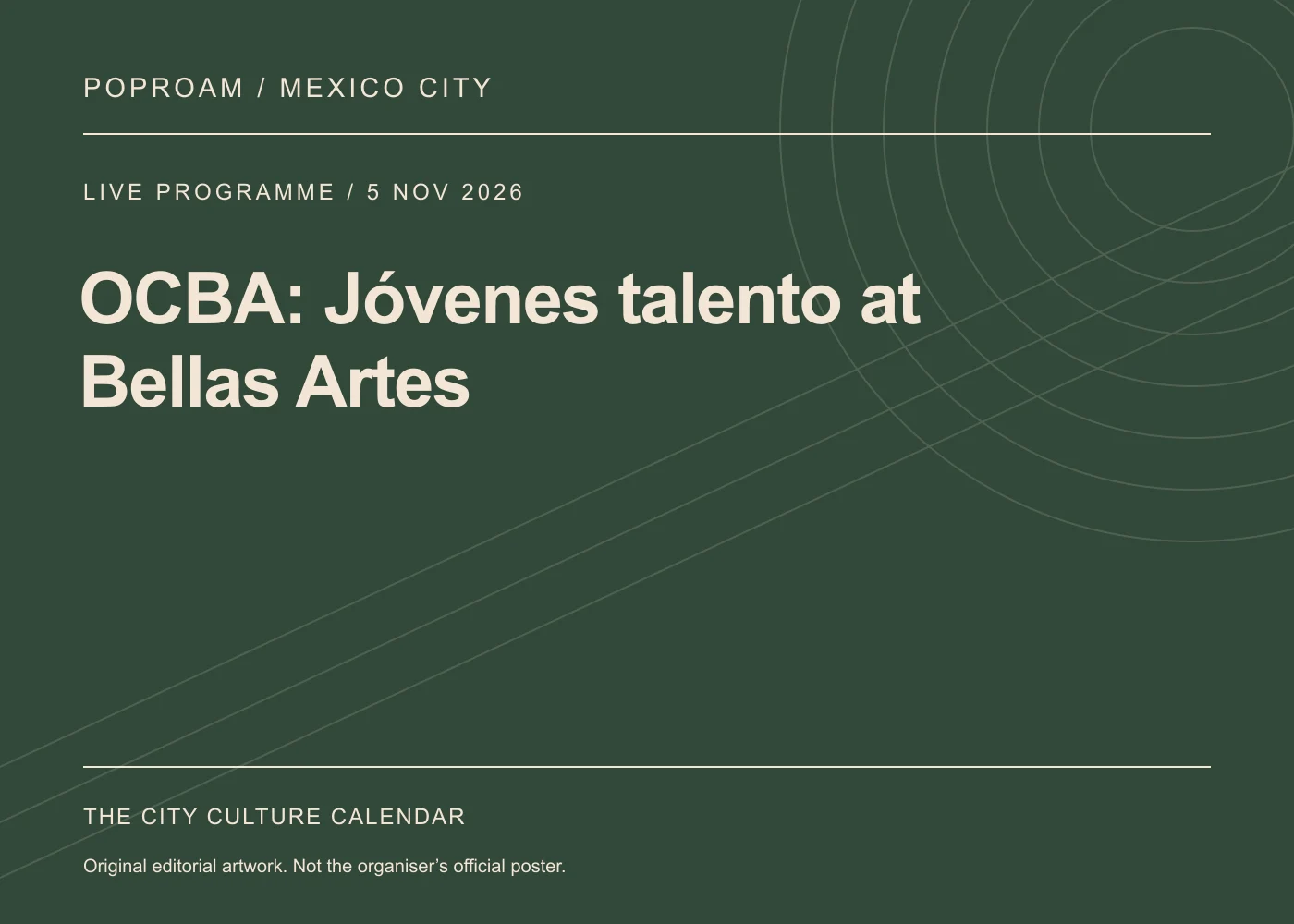 Original editorial programme artwork for OCBA: Jóvenes talento at Bellas Artes. This is not the organiser’s official poster.