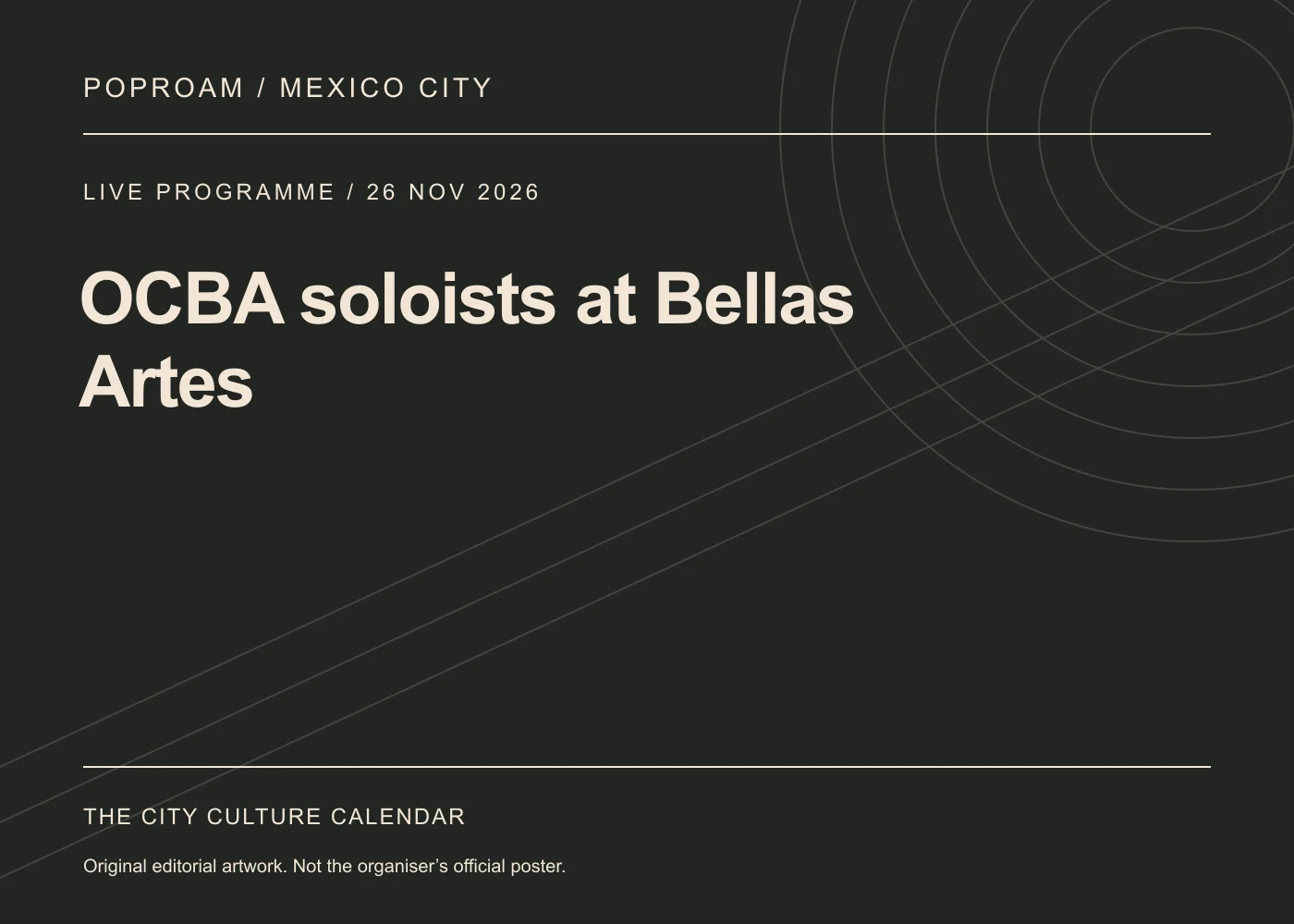 Original editorial programme artwork for OCBA soloists at Bellas Artes. This is not the organiser’s official poster.