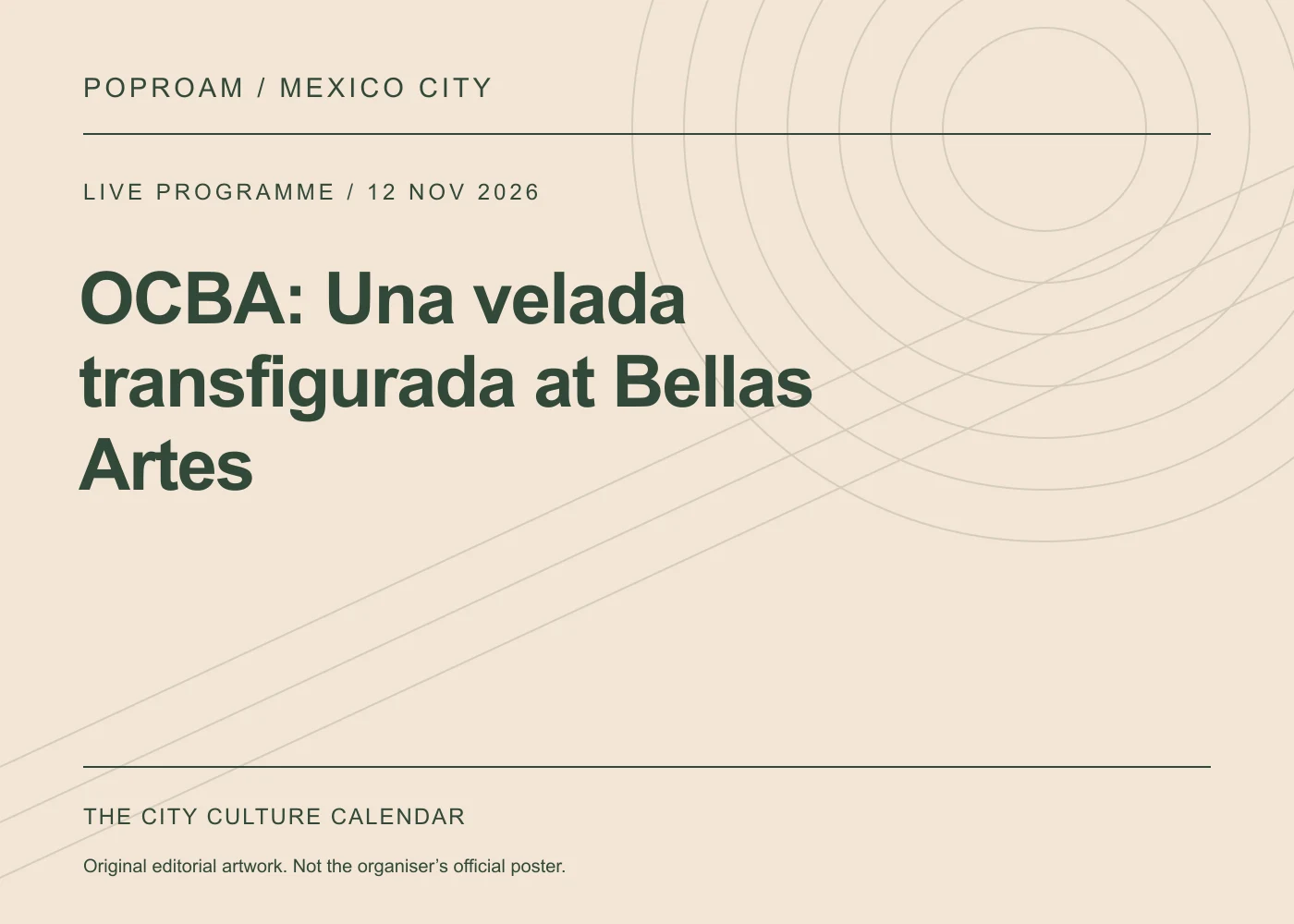Original editorial programme artwork for OCBA: Una velada transfigurada at Bellas Artes. This is not the organiser’s official poster.