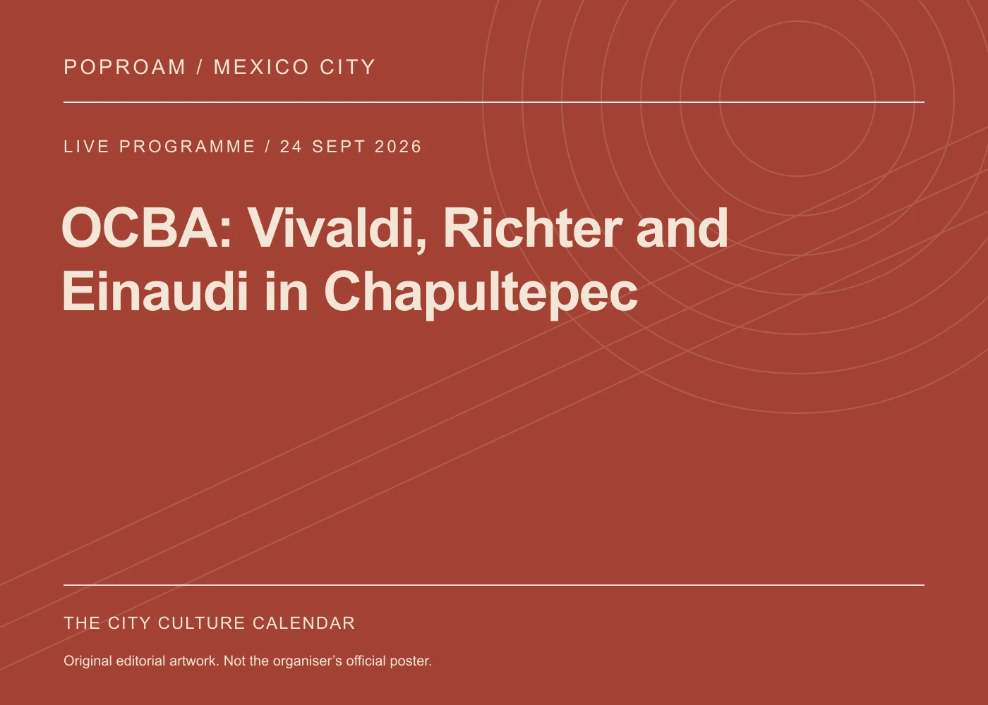 Original editorial programme artwork for OCBA: Vivaldi, Richter and Einaudi in Chapultepec. This is not the organiser’s official poster.