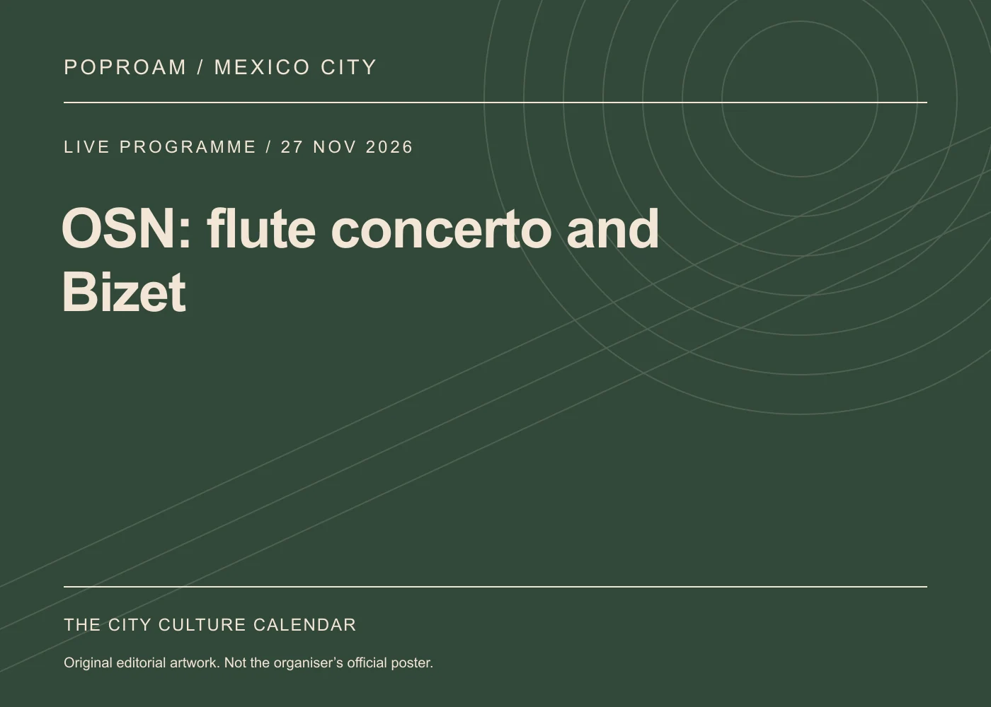 Original editorial programme artwork for OSN: flute concerto and Bizet. This is not the organiser’s official poster.