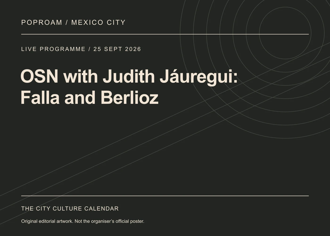 Original editorial programme artwork for OSN with Judith Jáuregui: Falla and Berlioz. This is not the organiser’s official poster.