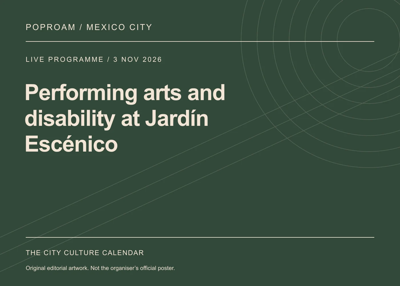Original editorial programme artwork for Performing arts and disability at Jardín Escénico. This is not the organiser’s official poster.