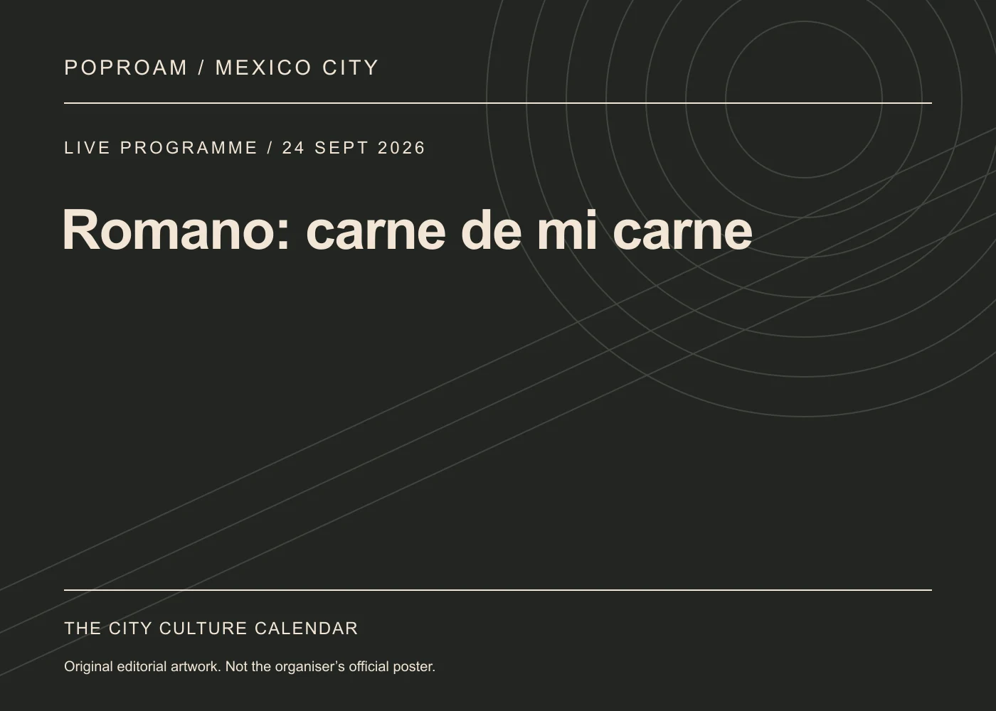 Original editorial programme artwork for Romano: carne de mi carne. This is not the organiser’s official poster.