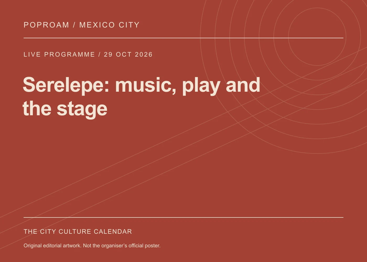 Original editorial programme artwork for Serelepe: music, play and the stage. This is not the organiser’s official poster.