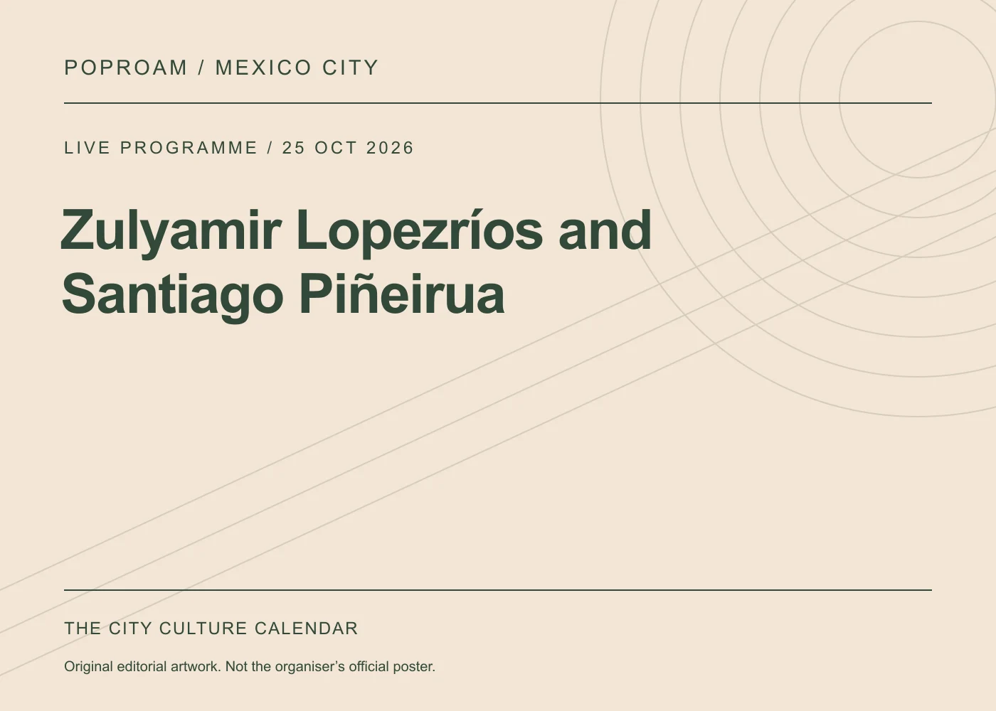 Original editorial programme artwork for Zulyamir Lopezríos and Santiago Piñeirua. This is not the organiser’s official poster.