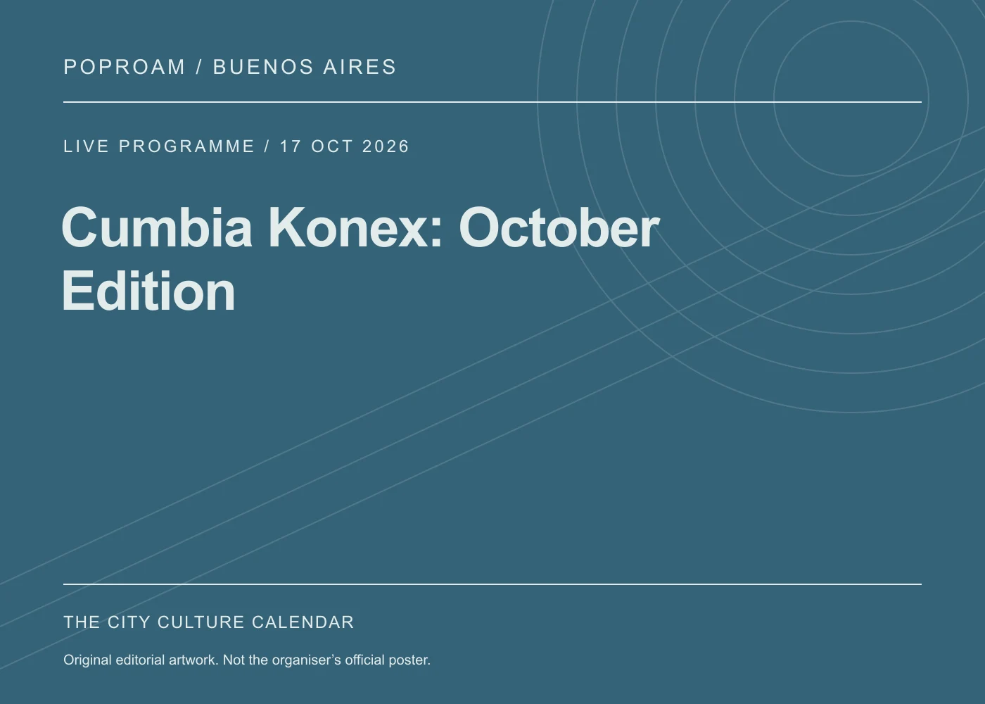Original editorial programme artwork for Cumbia Konex: October Edition. This is not the organiser’s official poster.