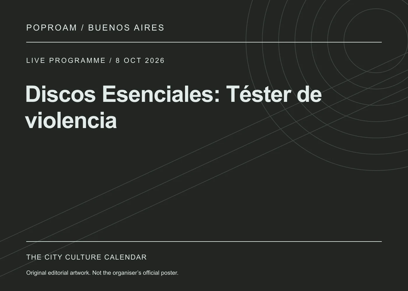 Original editorial programme artwork for Discos Esenciales: Téster de violencia. This is not the organiser’s official poster.