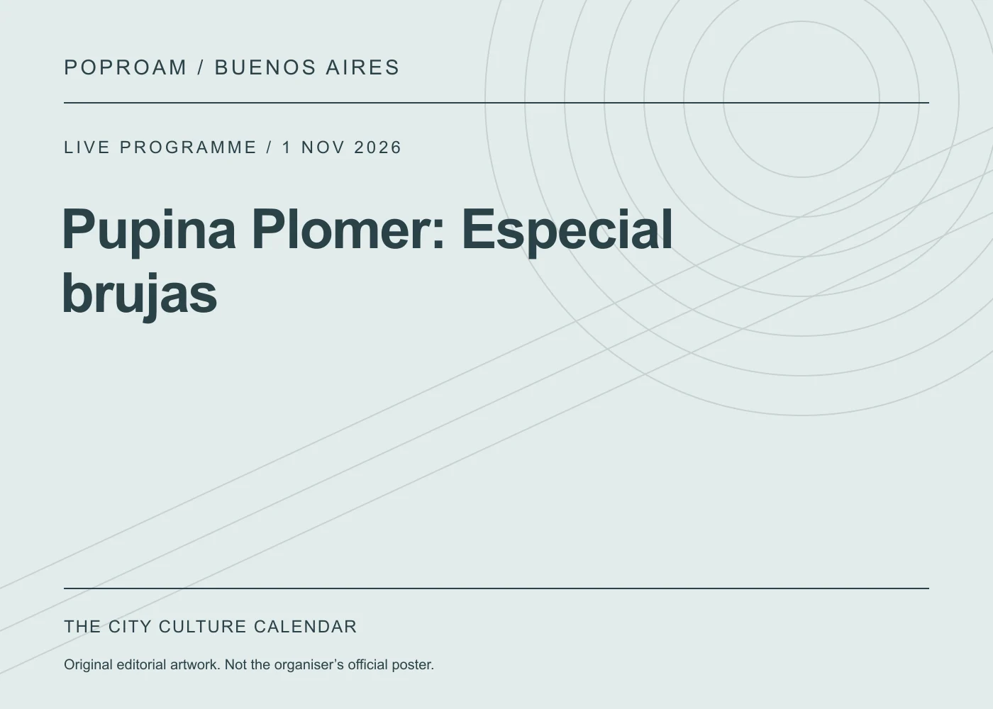 Original editorial programme artwork for Pupina Plomer: Especial brujas. This is not the organiser’s official poster.