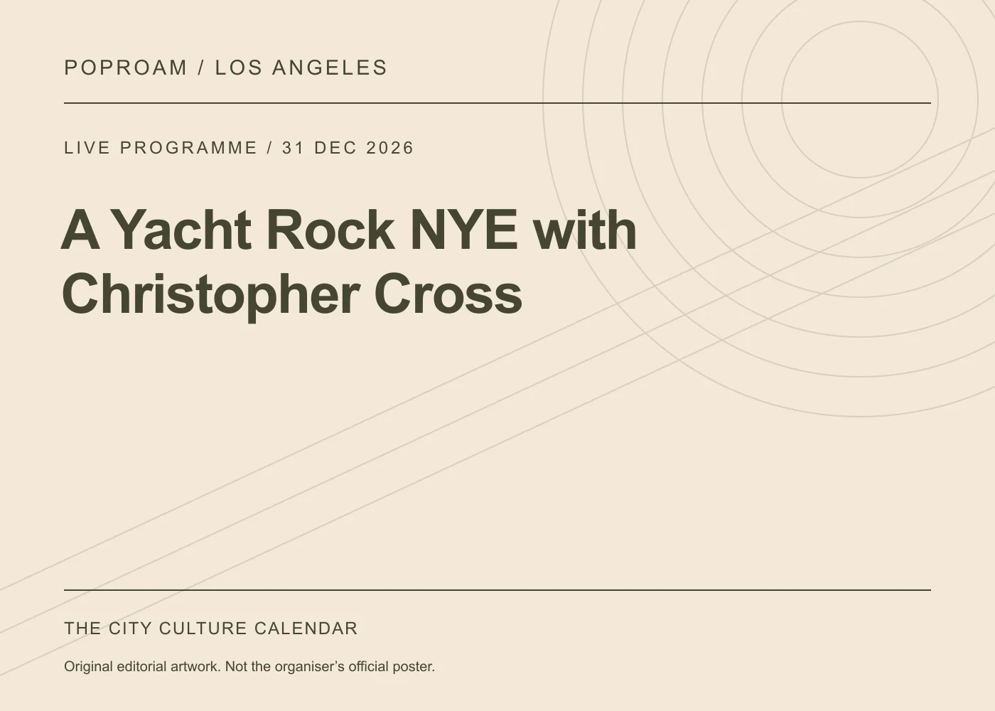 Original editorial programme artwork for A Yacht Rock NYE with Christopher Cross. This is not the organiser’s official poster.