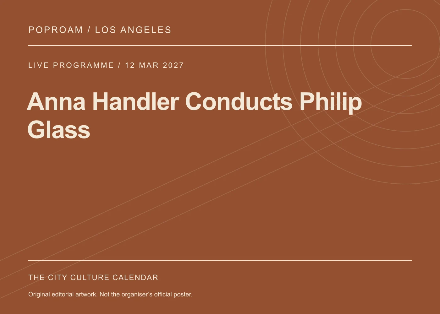 Original editorial programme artwork for Anna Handler Conducts Philip Glass. This is not the organiser’s official poster.