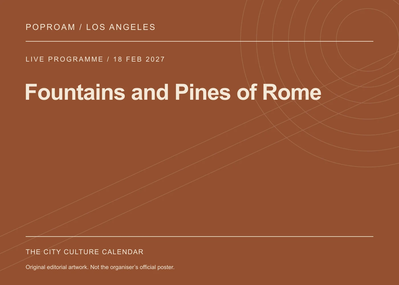 Original editorial programme artwork for Fountains and Pines of Rome. This is not the organiser’s official poster.