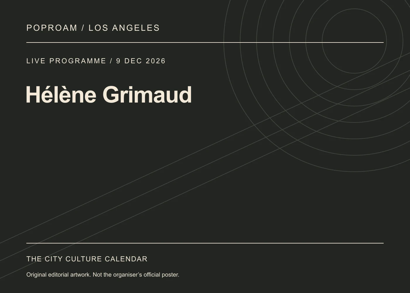 Original editorial programme artwork for Hélène Grimaud. This is not the organiser’s official poster.