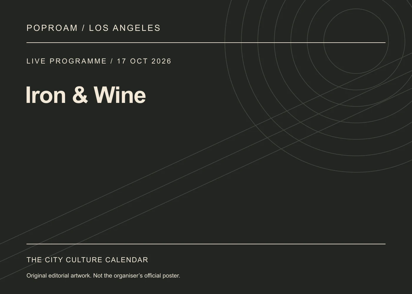 Original editorial programme artwork for Iron & Wine. This is not the organiser’s official poster.