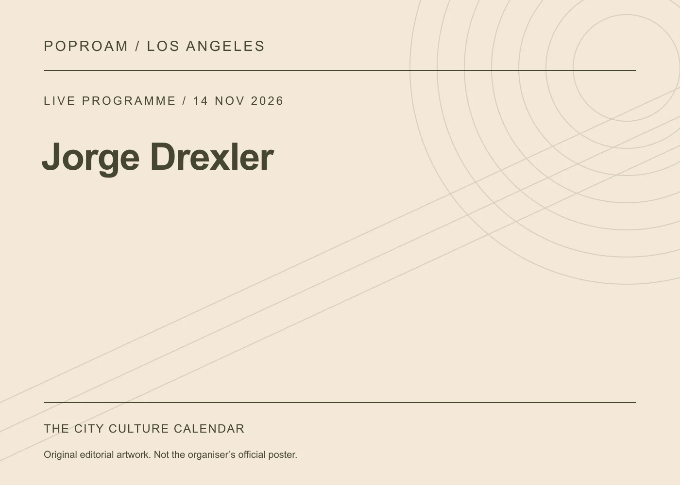 Original editorial programme artwork for Jorge Drexler. This is not the organiser’s official poster.