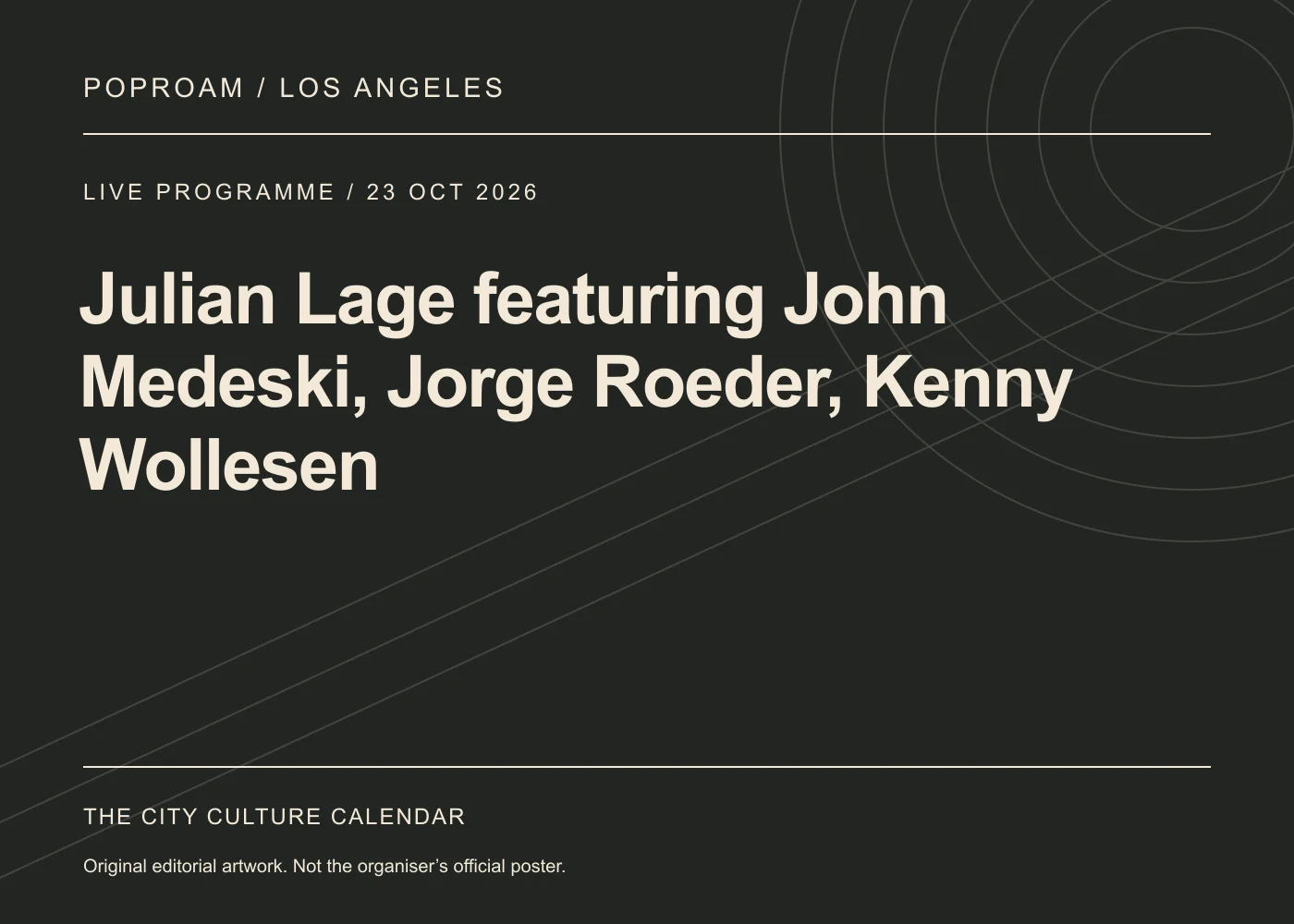 Original editorial programme artwork for Julian Lage featuring John Medeski, Jorge Roeder, Kenny Wollesen. This is not the organiser’s official poster.