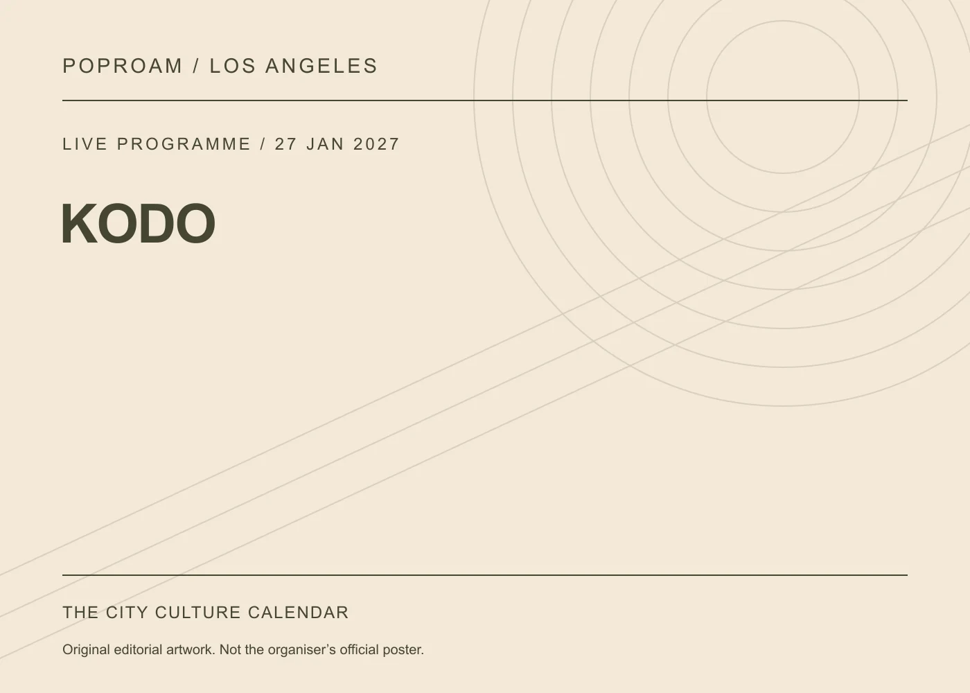 Original editorial programme artwork for KODO. This is not the organiser’s official poster.