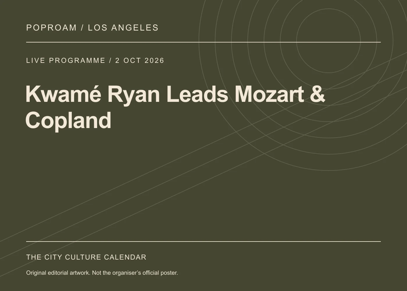 Original editorial programme artwork for Kwamé Ryan Leads Mozart & Copland. This is not the organiser’s official poster.