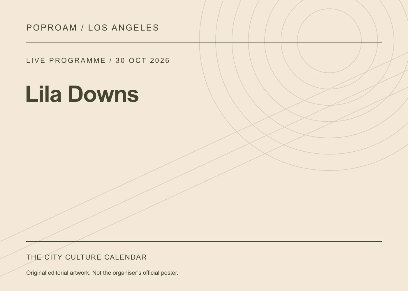 Original editorial programme artwork for Lila Downs. This is not the organiser’s official poster.