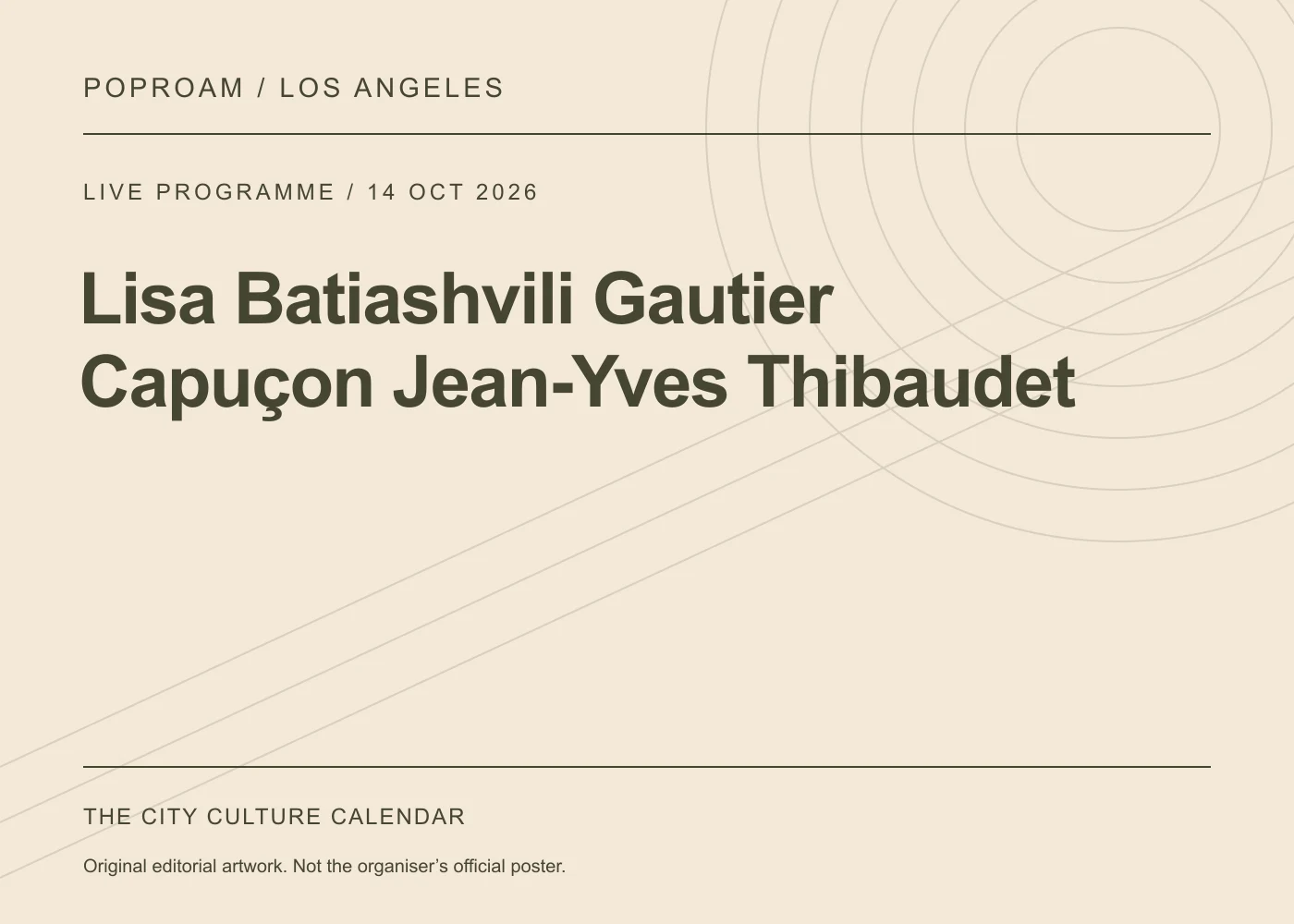 Original editorial programme artwork for Lisa Batiashvili Gautier Capuçon Jean-Yves Thibaudet. This is not the organiser’s official poster.
