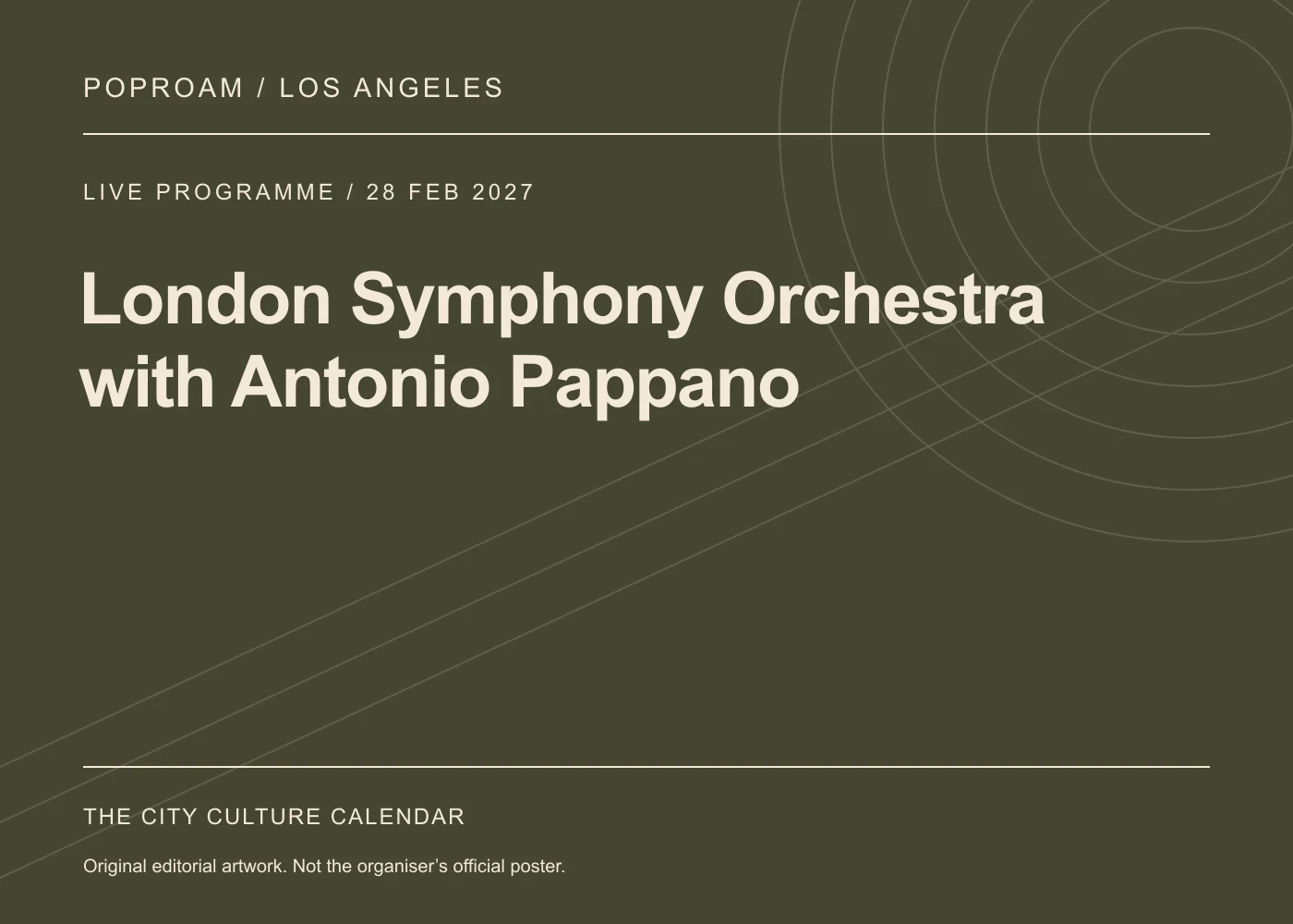 Original editorial programme artwork for London Symphony Orchestra with Antonio Pappano. This is not the organiser’s official poster.