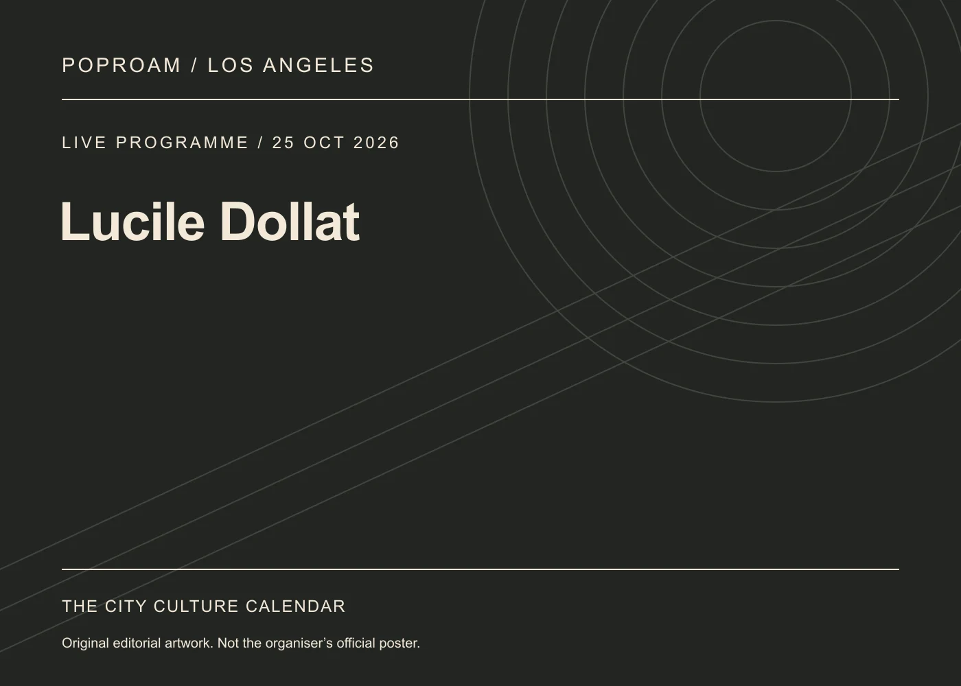 Original editorial programme artwork for Lucile Dollat. This is not the organiser’s official poster.