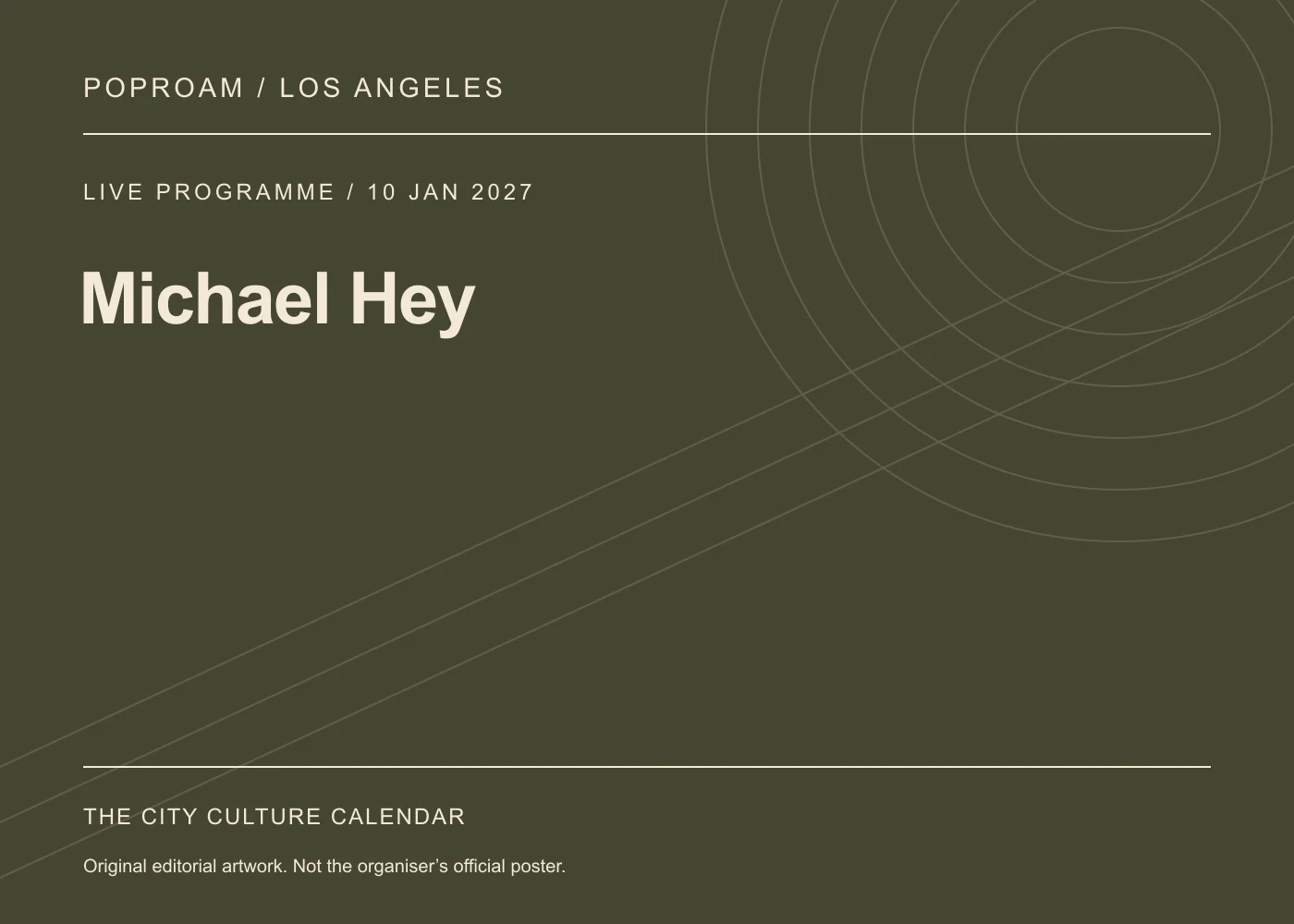 Original editorial programme artwork for Michael Hey. This is not the organiser’s official poster.