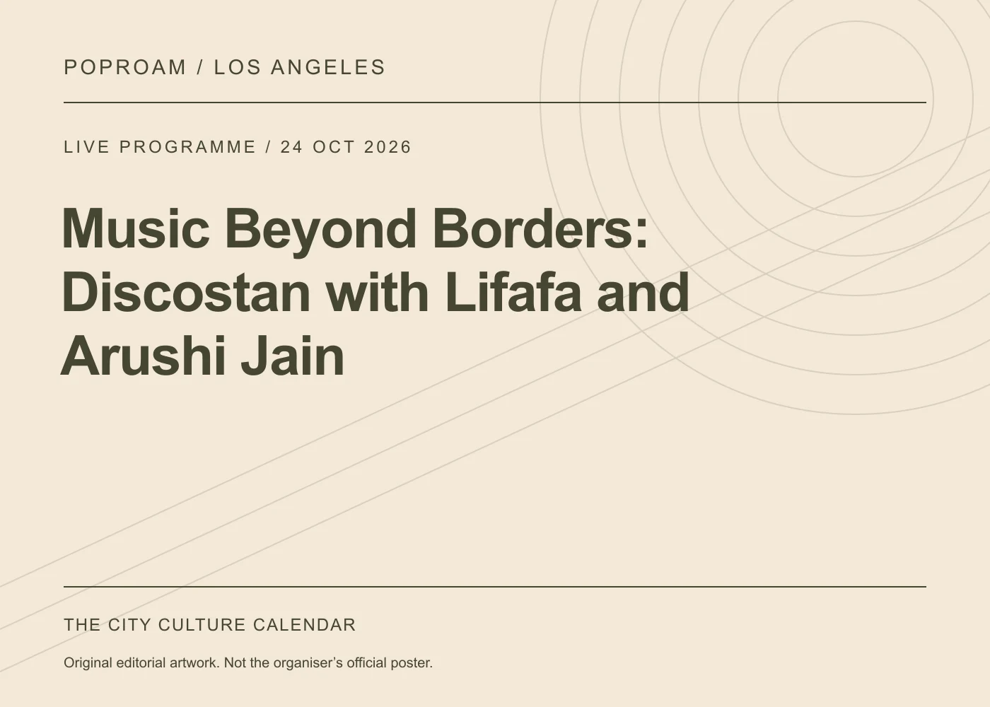 Original editorial programme artwork for Music Beyond Borders: Discostan with Lifafa and Arushi Jain. This is not the organiser’s official poster.