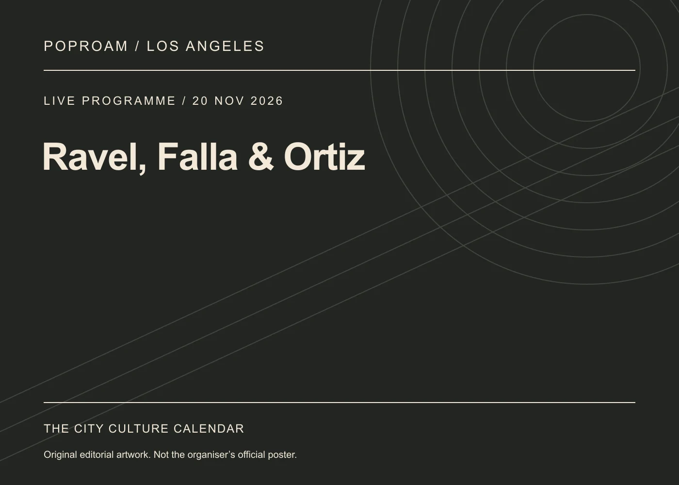Original editorial programme artwork for Ravel, Falla & Ortiz. This is not the organiser’s official poster.