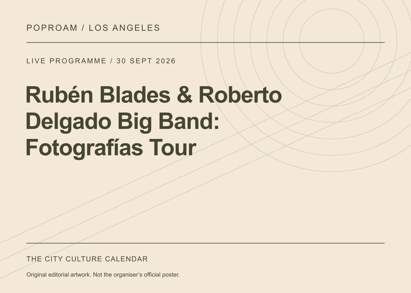 Original editorial programme artwork for Rubén Blades & Roberto Delgado Big Band: Fotografías Tour. This is not the organiser’s official poster.