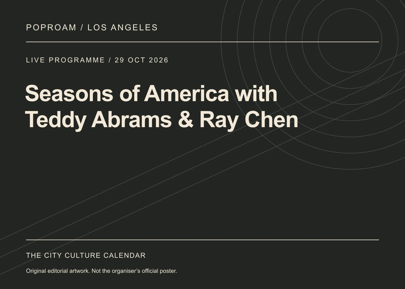 Original editorial programme artwork for Seasons of America with Teddy Abrams & Ray Chen. This is not the organiser’s official poster.
