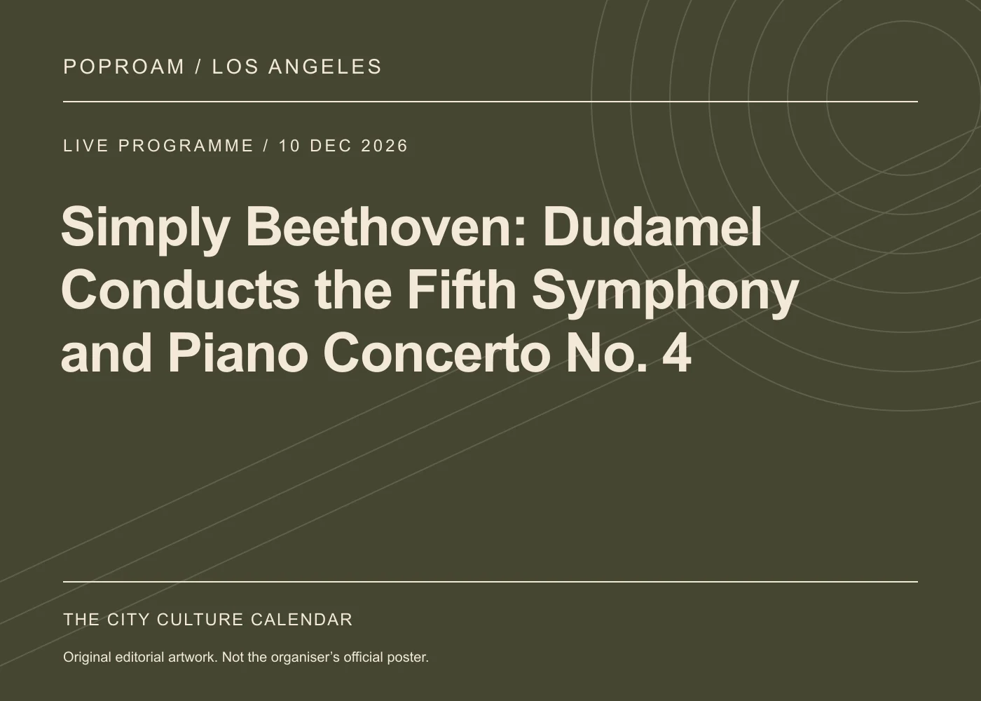 Original editorial programme artwork for Simply Beethoven: Dudamel Conducts the Fifth Symphony and Piano Concerto No. 4. This is not the organiser’s official poster.