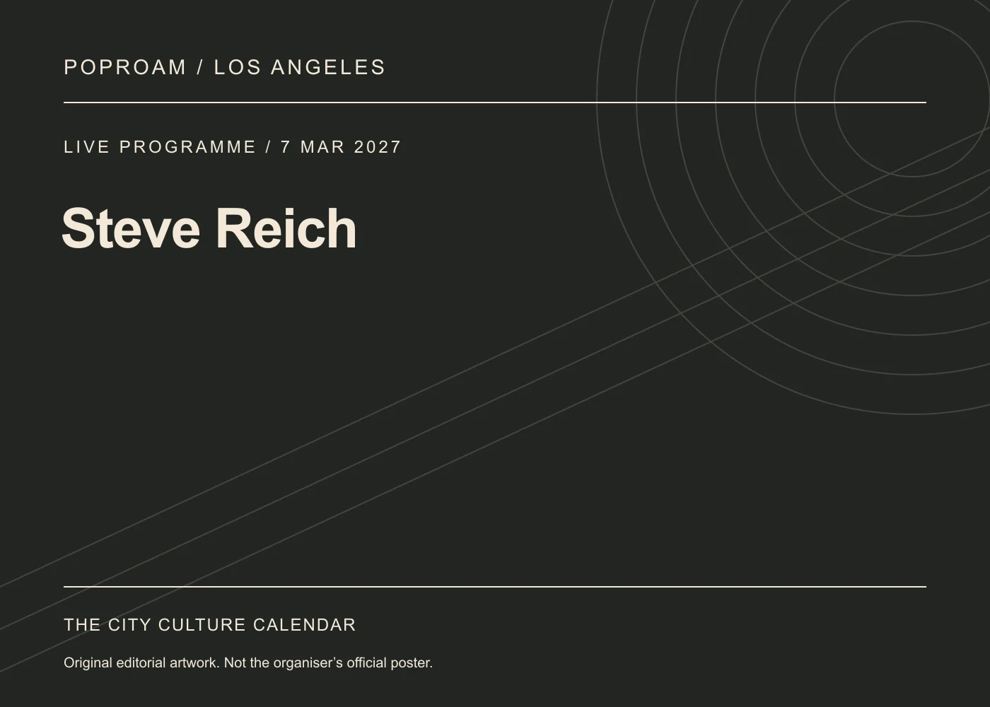 Original editorial programme artwork for Steve Reich. This is not the organiser’s official poster.