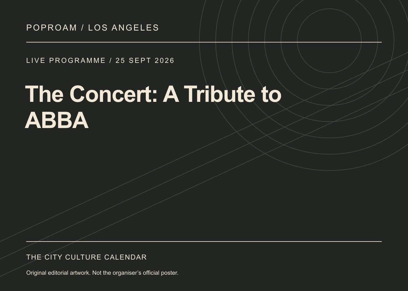 Original editorial programme artwork for The Concert: A Tribute to ABBA. This is not the organiser’s official poster.