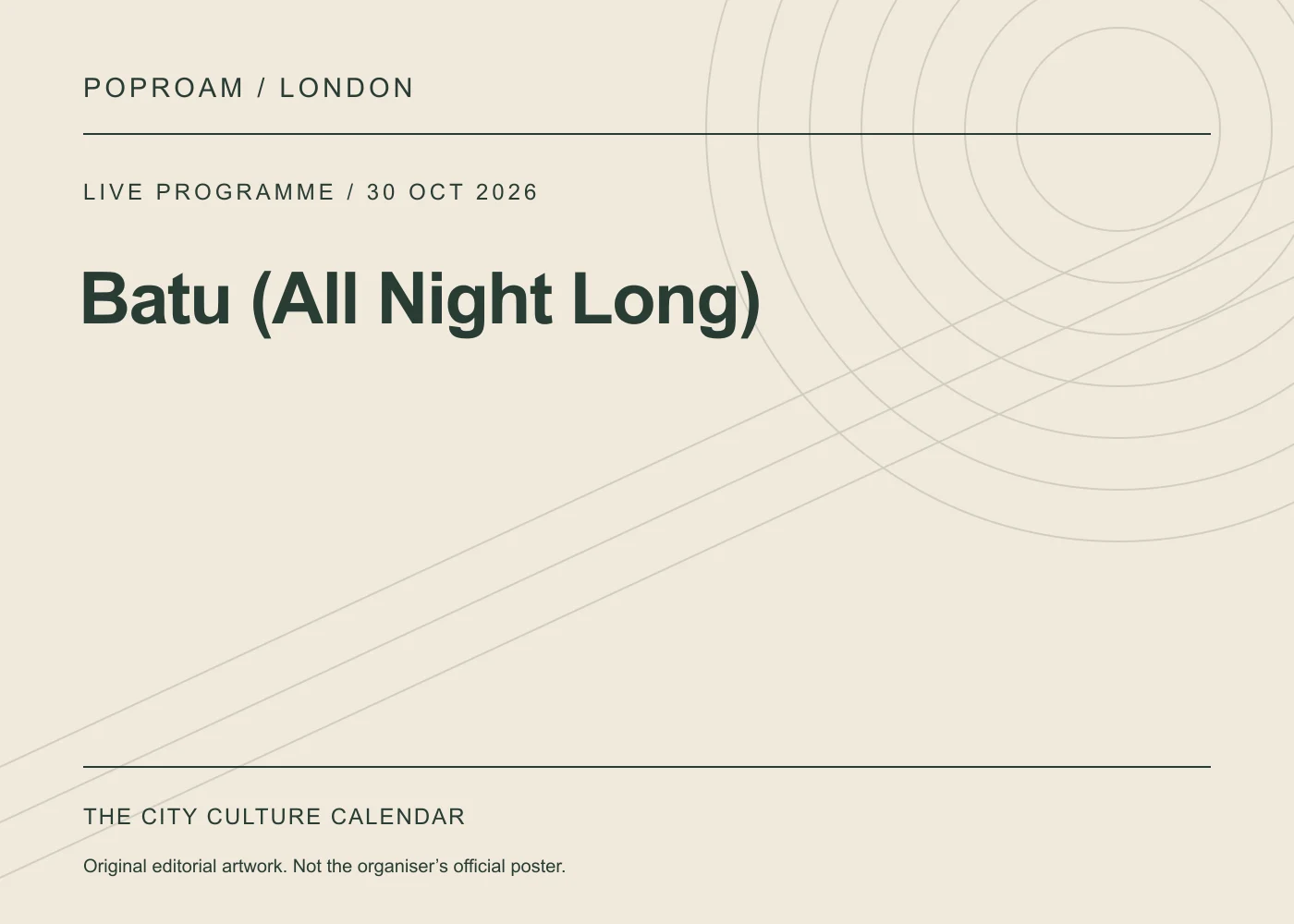 Original editorial programme artwork for Batu (All Night Long). This is not the organiser’s official poster.