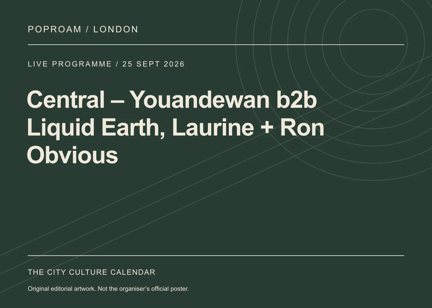 Original editorial programme artwork for Central – Youandewan b2b Liquid Earth, Laurine + Ron Obvious. This is not the organiser’s official poster.