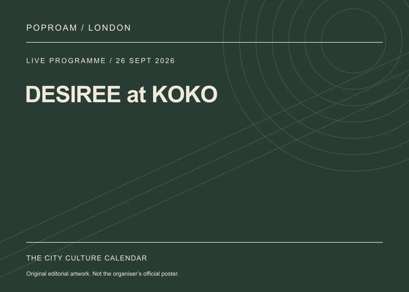 Original editorial programme artwork for DESIREE at KOKO. This is not the organiser’s official poster.